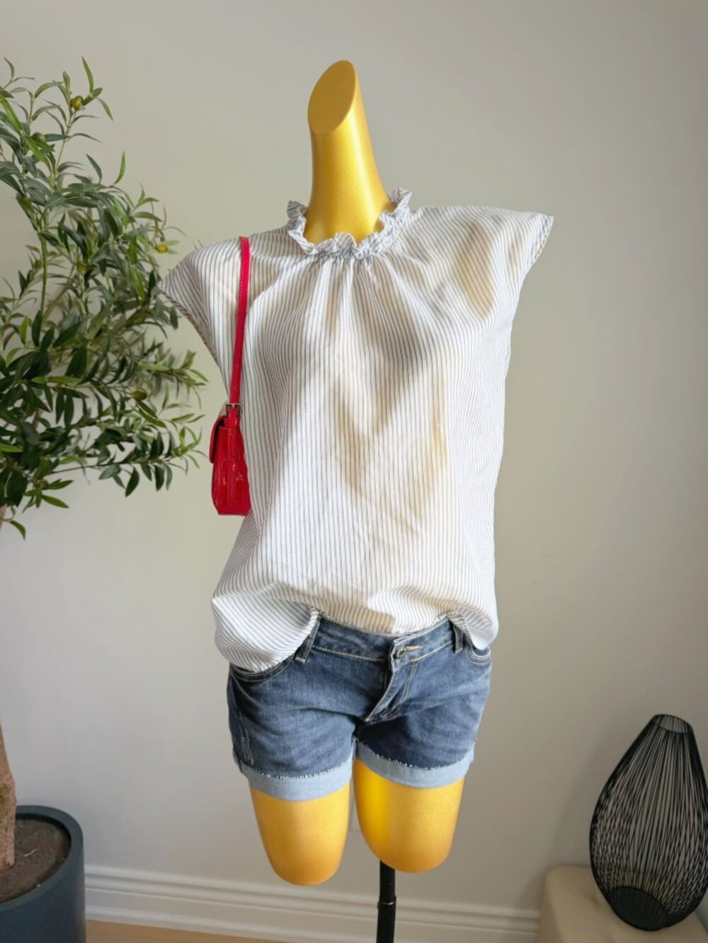 Blue White Striped Ruffle Neck Sleeveless Blouse Size M